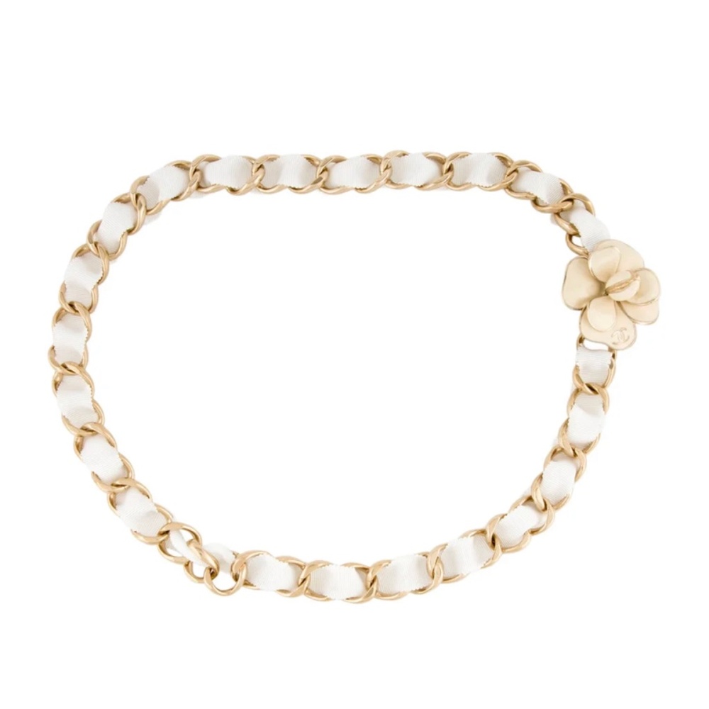 CHANEL White and Gold Chain Camellia Flower Belt